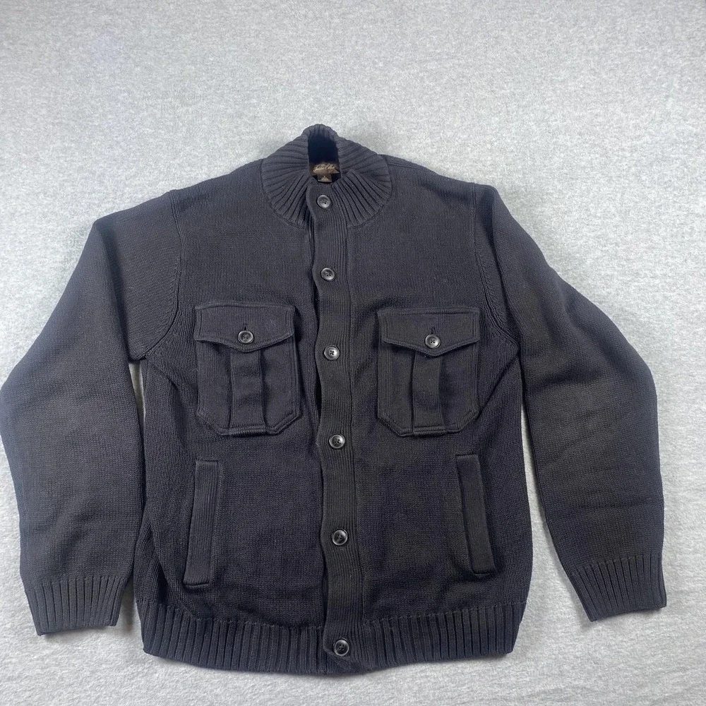 Tasso Elba Sweater Mens Small Black Button Front Cardigan Mock‎ Neck Pockets